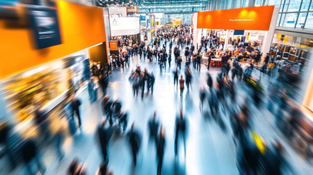 A dynamic scene at a busy trade fair with blurred figures of people networking and interacting around modern exhibition booths, capturing the energy and movement of a vibrant business event